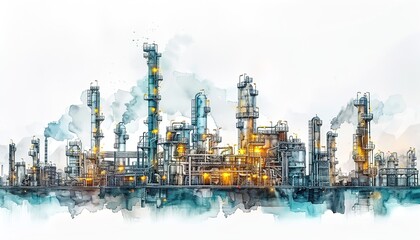 Watercolor drawing paint of industry zone, refinery power plant energy station for stored, 