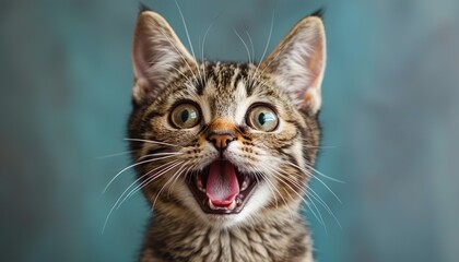 Obraz premium Studio portrait of funny and excited cat face showing shocked or surprised expression isolated 