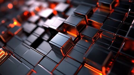Fototapeta premium Abstract 3D Rendering of Interlocking Black Cubes with Glowing Orange Edges - Futuristic Technology Background