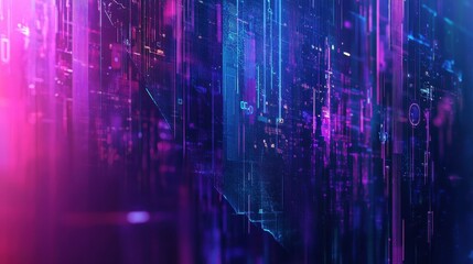Abstract Futuristic Cyberpunk Cityscape Neon Purple and Blue Digital Data Stream Background