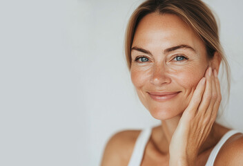 Adult elderly and beautiful woman 60 years old. Smiling charming mature woman , touches her cheek. Beauty and care cosmetology for mature facial skin. Makeup and cosmetology. adult skin, older lady