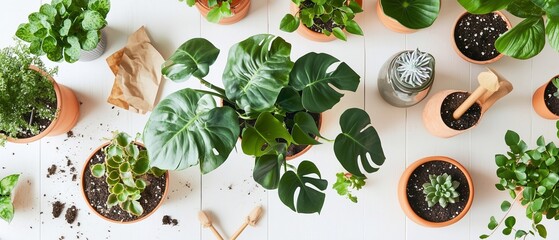 A flat lay of various houseplants in different pots on a white wooden table. Used as a background and a scene showing gardening.