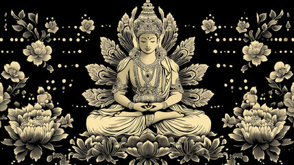 Fototapeta premium The serene atmosphere of the Kalachakra Festival, emphasizes meditation and prayer, bathed in soft warm light that highlights the essence of the culture