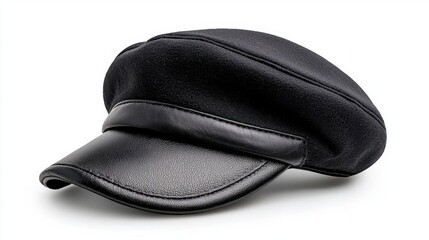 A photostock of a black beret resting on a white background, highlighting minimalist fashion with a timeless appeal. High Quality