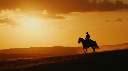 Silhouette of Cowboy Riding Horse at Sunset Over Rolling Hills - Dramatic Western Landscape Photography