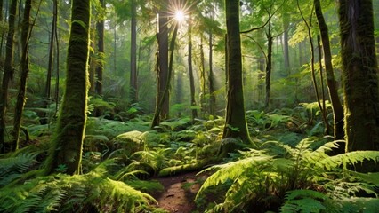 Fototapeta premium A vibrant forest with light filtering through the trees, creating beautiful sunbeams that highlight the lush greenery below.