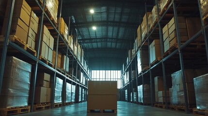 Fototapeta premium Warehouse or storage and shelves with cardboard boxes. Industrial background