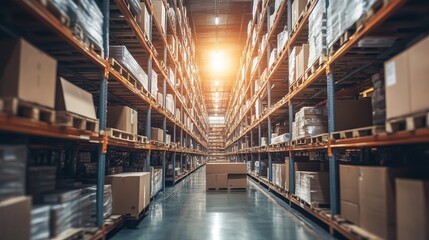 Fototapeta premium Warehouse or storage and shelves with cardboard boxes. Industrial background