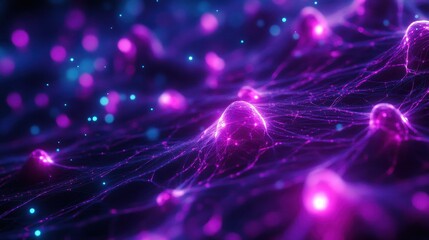 Obraz premium Abstract Purple and Blue Neon Glowing Network Futuristic Technology Background with Illuminated Nodes and Connections