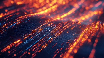 Obraz premium Abstract Digital Data Stream Glowing Orange and Blue Code Background - Futuristic Technology Texture