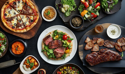 This flat lay photo shows a spread of food, including pizza, steak, and salad. The diverse and colorful arrangement is on a dark table, making each dish pop