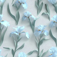 Beautiful light blue irises with delicate green leaves on a soft neutral background in a serene pattern