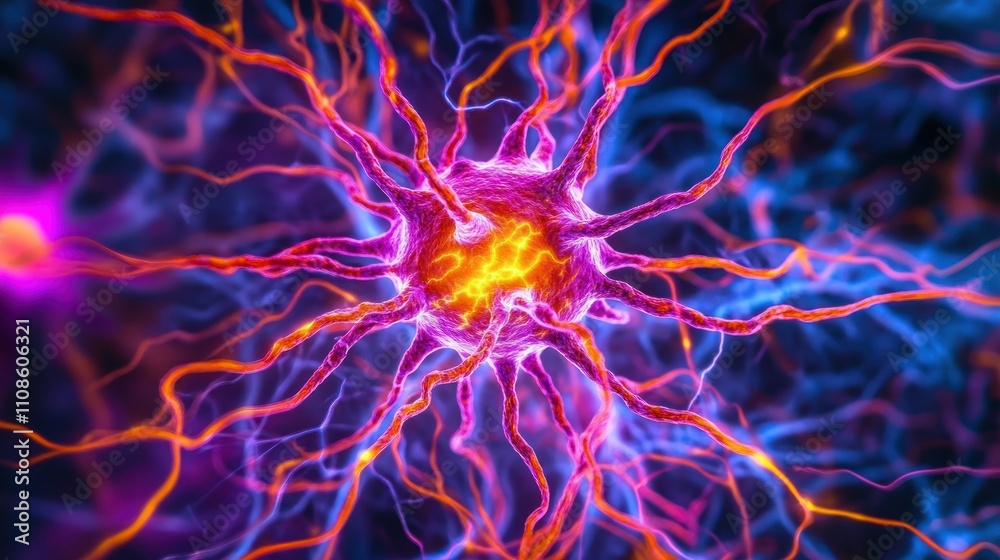 Poster vibrant neuron cell network illuminated in vivid hues