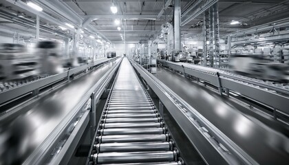 Fototapeta premium 자동화된 생산 라인 위에서 움직이는 컨베이어 벨트와 제품들의 윤곽