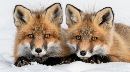 Obraz premium two cute red foxes in snow illustration