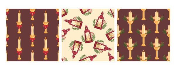 Set of three seamless patterns in flat style with festive candles, holiday lanterns, and Christmas centerpieces