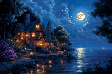 Fototapeta premium Lakeside Cottage Illuminates Under A Full Moon