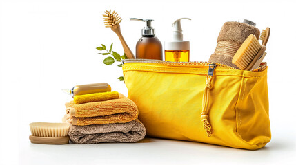 Bath Accessories: Bath accessories, toilet bag, isolated on a white background, highlighting various personal care items.