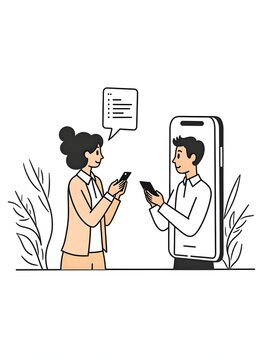 conference concept with people scene in flat outline design. Woman and man communicate online using call on mobile phone apps. illustration with line character situation for web