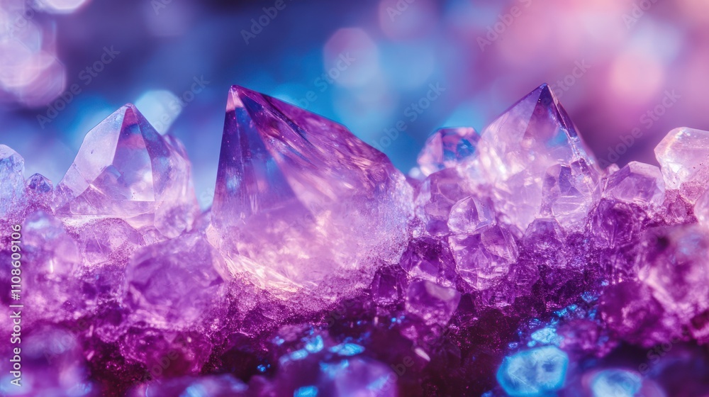 Poster amethyst crystal cluster close up showing violet hues