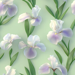 Fototapeta premium Delicate white and purple iris flowers arranged on a soft green background in a serene pattern