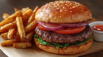 High-definition image of a gourmet burger served with fresh ingredients, ideal for food photography and restaurant menus.