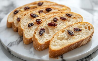 A macro shot of French bread slices with dried fruit, expertly arranged in an arch shape on a sleek marble plate, photographed with natural light and a clean, neutral background