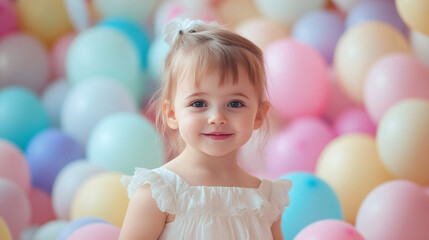 Fototapeta premium Charming young girl smiles in a colorful balloon-filled celebration setting
