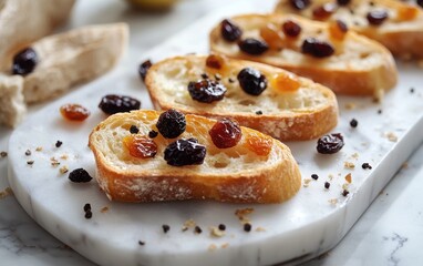 High-resolution close-up food photography of French bread slices with dried fruit, arranged creatively on a marble plate, featuring soft natural lighting and a neutral background