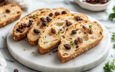 Slices of French bread with dried fruit arranged in an arch on a marble plate, captured in high-resolution food photography with natural light, featuring a neutral background