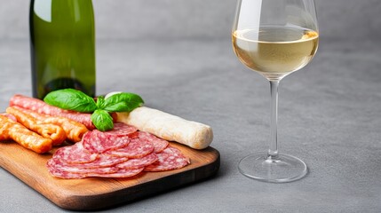 Salami and White Wine: A delectable charcuterie board featuring thinly sliced salami, crispy breadsticks, fresh basil leaves, and a glass of crisp white wine.