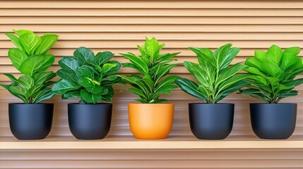 Obraz premium A photostock of various potted houseplants neatly arranged on a shelf, creating a lively and green indoor atmosphere. High Quality