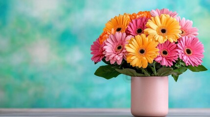 A photostock of vibrant floral arrangements in bright hues of pink, red, and orange, placed in a decorative vase, symbolizing joy and celebration. High Quality