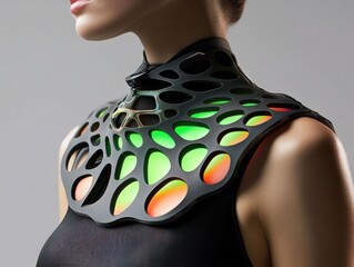 Wearable bio-sensor prototype inspired by nature, organic shapes blending with high-tech materials, vibrant colors and sleek design