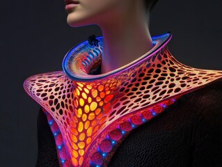 Wearable bio-sensor prototype inspired by nature, organic shapes blending with high-tech materials, vibrant colors and sleek design