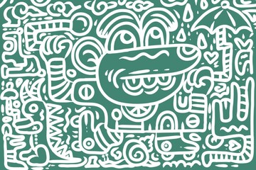 Expressive line drawings with fictional characters in them can be used as wallpaper or background