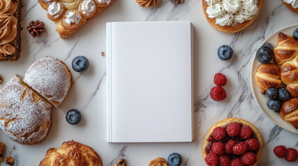 A blank notebook surrounded by delicious pastries and berries on a marble surface.  Perfect for recipe inspiration!