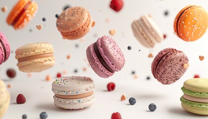 Various colorful of macarons floating on the air isolated on clean png background,