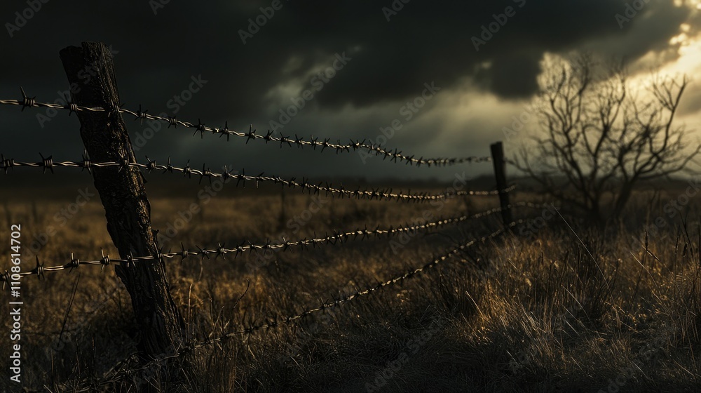 Aufkleber a close-up of a barbed wire fence with shadows stretching across the ground, set against a moody, st