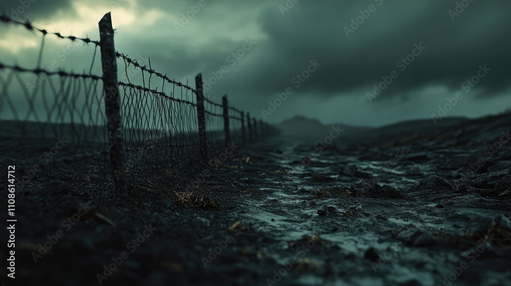 Poster a close-up of a barbed wire fence with shadows stretching across the ground, set against a moody, st
