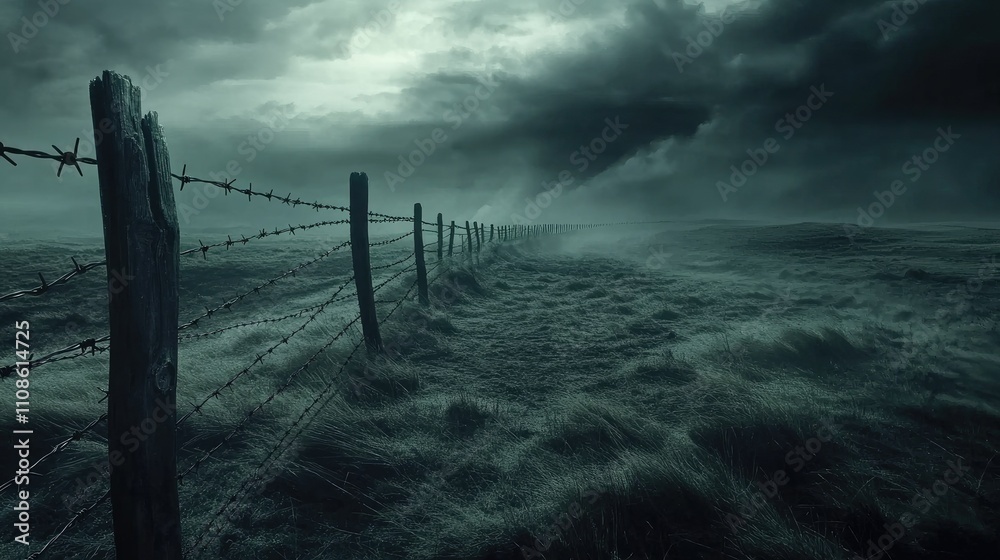 Poster a close-up of a barbed wire fence with shadows stretching across the ground, set against a moody, st