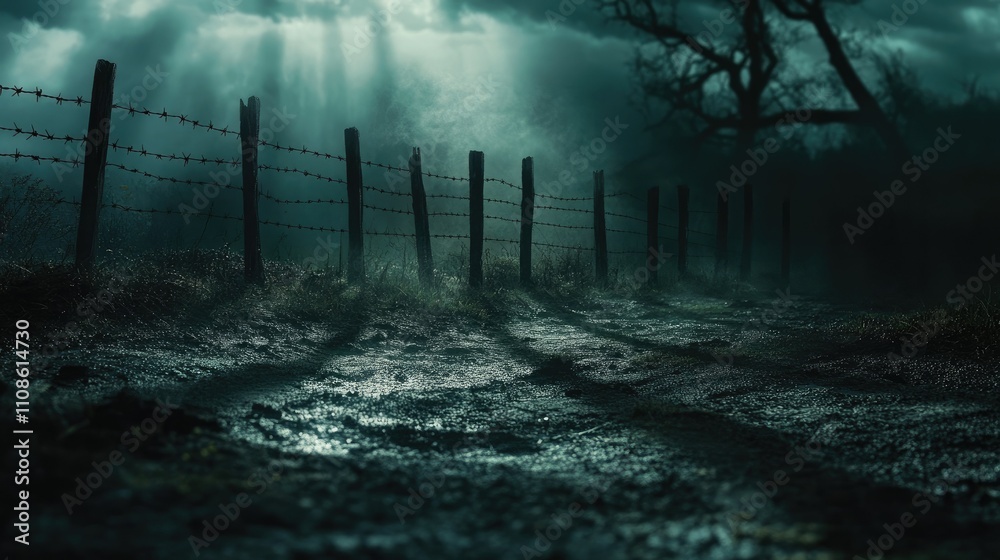 Poster a close-up of a barbed wire fence with shadows stretching across the ground, set against a moody, st