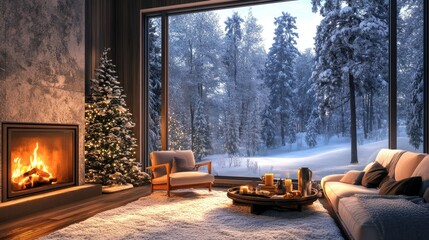 Fototapeta premium A cozy, snow-covered living room with a blazing fireplace, looking out onto a peaceful snowy forest, offering a tranquil winter ambiance