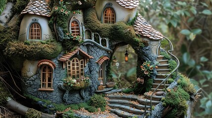 Fototapeta premium Whimsical fairy mansion: fairy prince's villa with winding outdoor stairs and a lush fairy garden