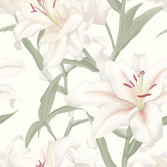 Elegant white lilies blooming gracefully on a soft, neutral background in a lush floral pattern