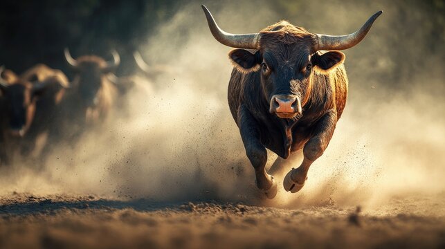 A powerful bull running through the dust, leading its herd in a dramatic display of strength and power in the wild.