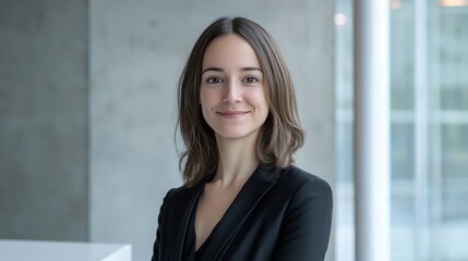 Fototapeta premium Pretty brown-haired female real estate agent in a discreet black dress stands smiling in a room, 16:9