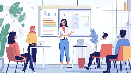 A focused female manager presenting while colleagues listen attentively in a decorated office
