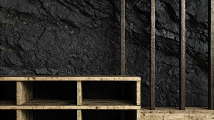 Obraz premium Wooden Shelves Against Black Coal Surface in Mine Setting