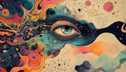 Psychedelic Portrait Illustration. Psychedelic Face. Colorful Abstract Female Face. Surrealist Art Background. Abstract Face Art Background.